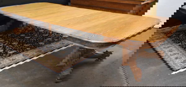 VICTORIAN OAK & BURLWOOD SPLIT PEDESTAL DINING TABLE WITH FOUR LEAVES