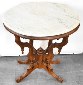 VICTORIAN RENAISSANCE REVIVAL OAK MARBLE-TOP OVAL PARLOR TABLE