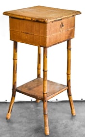 VICTORIAN RATTAN & BURNT BAMBOO SEWING BOX STAND
