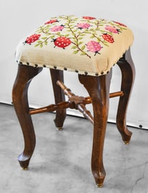 OAK STOOL WITH LADYBUG NEEDLEPOINT SEAT