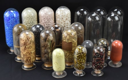 VINTAGE DRUG STORE REMEDIES IN GLASS INVERTED CYLINDER JARS