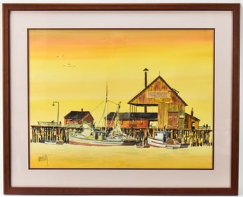 FRIDAY FISH CO. INC. HARBOR SCENE WATERCOLOR PAINTING BY CHARLES MULVEY