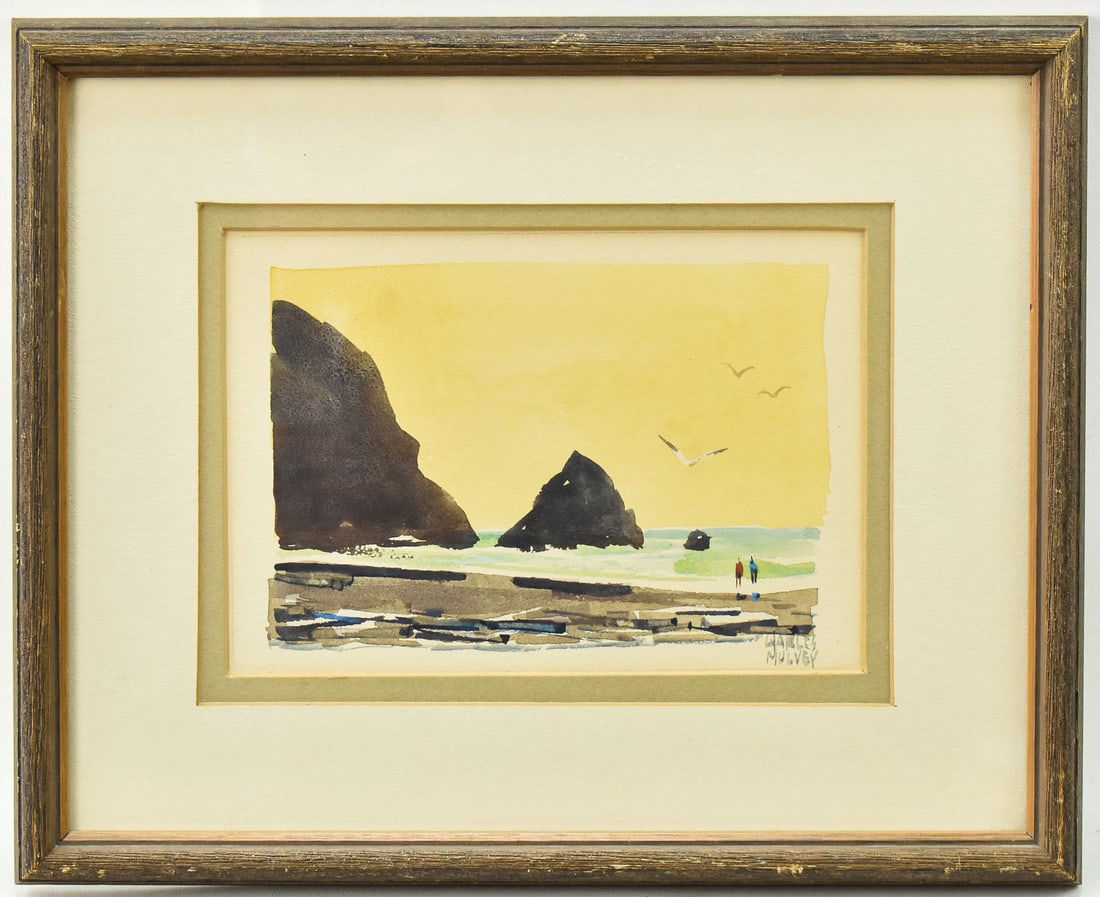 NORTHWEST COASTAL WATERCOLOR PAINTING BY CHARLES MULVEY: Original Northwest coastal watercolor painting on paper by listed artist, Charles Mulvey (1918 - 2001), signed lower right. Art measures 6" H x 9" W presented in a frame measuring 12" H