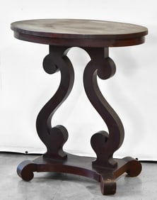 ANTIQUE WOOD LYRE BASE ACCENT TABLE
