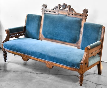 VICTORIAN EASTLAKE HAND CARVED WALNUT SETTEE