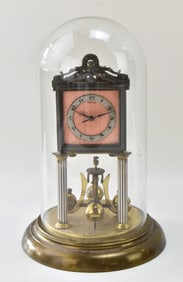 JAHRESUHREN-FABRIK GERMAN 400 DAY PINK ENAMEL TORSION CLOCK UNDER DOME