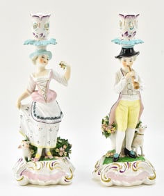 MOTTAHEDEH ITALIAN FIGURAL PORCELAIN CANDLESTICK PAIR