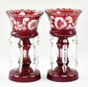 EGERMANN (ATTR.) BOHEMIAN CUT-TO-CLEAR RUBY GLASS LUSTER PAIR