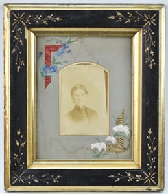VICTORIAN FRAMED PORTRAIT PHOTOGRAPH WITH RIBBON SILK ACCENTS