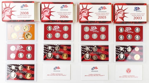 2003, 2005, 2006, & 2008 UNITED STATES MINT SILVER PROOF SETS