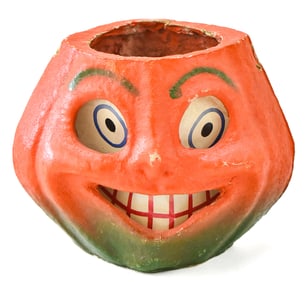 VINTAGE HALLOWEEN PAPER MACHE PULP JACK O' LANTERN WITH EYEBROWS