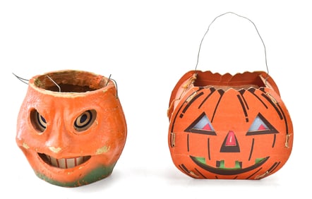 TWO VINTAGE HALLOWEEN JACK O' LANTERNS: PAPER MACHE PULP PUMPKIN & DOLLY TOY JACK O' LANTERN