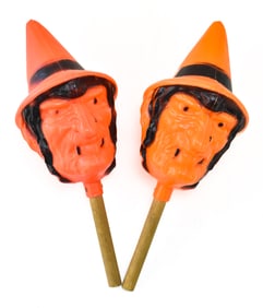 TWO VINTAGE BAYSHORE HALLOWEEN BLOW MOLD WITCH RATTLES