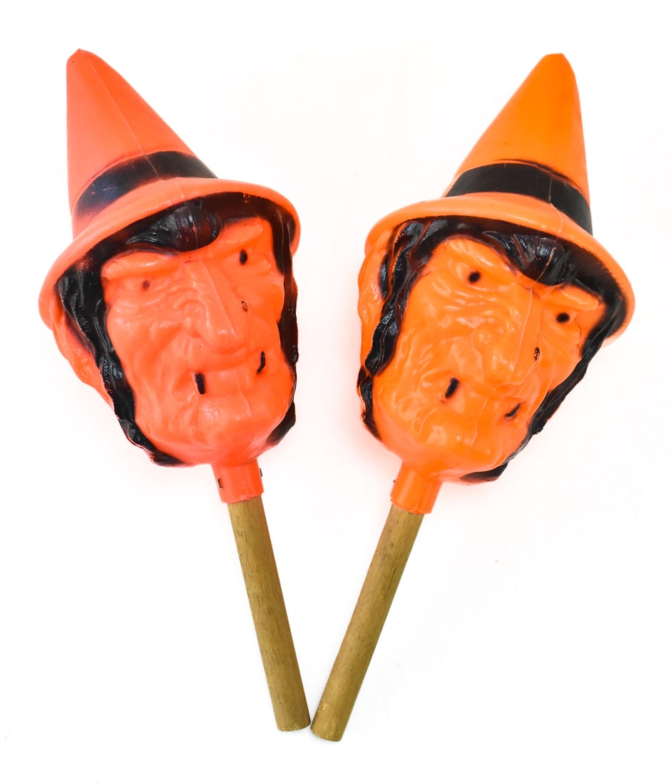 TWO VINTAGE BAYSHORE HALLOWEEN BLOW MOLD WITCH RATTLES (1 of 2)
