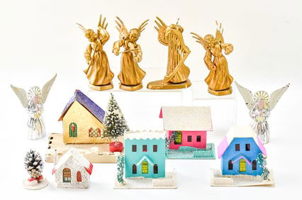 ASSORTED VINTAGE CHRISTMAS PUTZ HOUSES & ANGELS