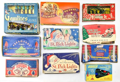 TEN VINTAGE CHRISTMAS LIGHTING OUTFITS: HY-GLOW, RELIANCE, CHADWICK, PARAMOUNT & MORE