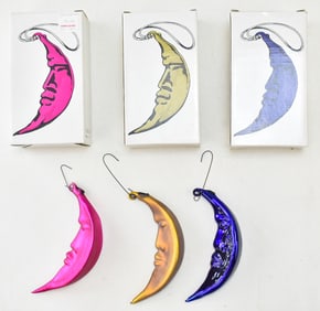 THREE DEPARTMENT 56 CHRISTMAS 'SMALL MOON' ORNAMENTS: COBALT, FROSTED, MERCURY