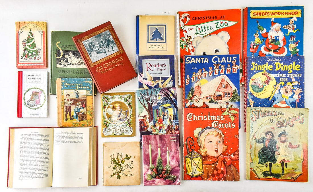 ANTIQUE & VINTAGE CHRISTMAS BOOKS: 'HOLLY BERRIES', 'STORIES FOR ALL SEASONS', 1916 WASHINGTON: This lot includes 18 antique and vintage Christmas books, circa turn of the 19th century to early 20th century: "Holly Berries", "Stories for All Seasons", and 1916 Washington Irving's "Old Christmas"