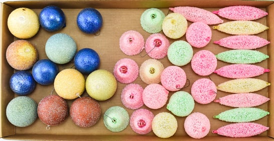 ASSORTMENT OF CRACKLE ICE & SUGARED CHRISTMAS ORNAMENTS: BALLS, BELLS, PINECONES