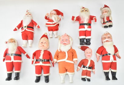 NINE VINTAGE SANTA CLAUS DOLLS: KAMAR, HONG KONG, JAPAN