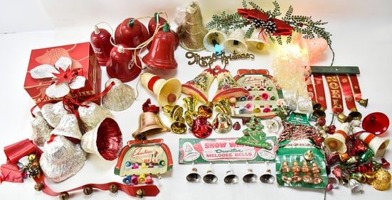 VINTAGE CHRISTMAS BELL DECORATIONS: F.W. WOOLWORTH, SNOW WHITE 'MELODEE' BELLS, & MORE