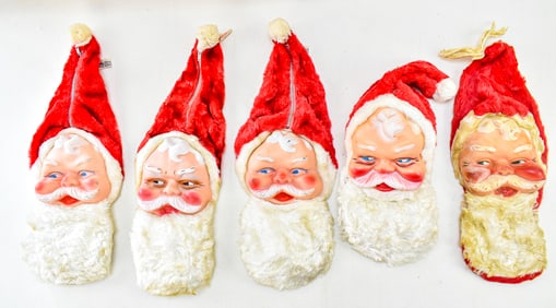 FIVE VINTAGE BIJOU TOYS RUBBER-FACED SANTA CLAUS ZIPPERED STOCKINGS
