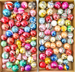 LARGE VINTAGE CHRISTMAS TREE ORNAMENT ASSORTMENT: BALL, BELL, & INDENTS