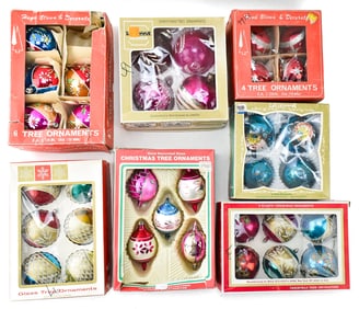 ASSORTED BLOWN GLASS DECORATED ORNAMENTS IN ORIGINAL BOXES