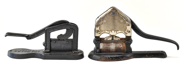TWO EARLY 1900s CAST IRON TOBACCO CUTTERS
