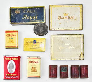 TOBACCO/CIGARETTE TIN ASSORTMENT: CHESTERFIELD, E. NOBELS, PRINCE ALBERT, & MORE