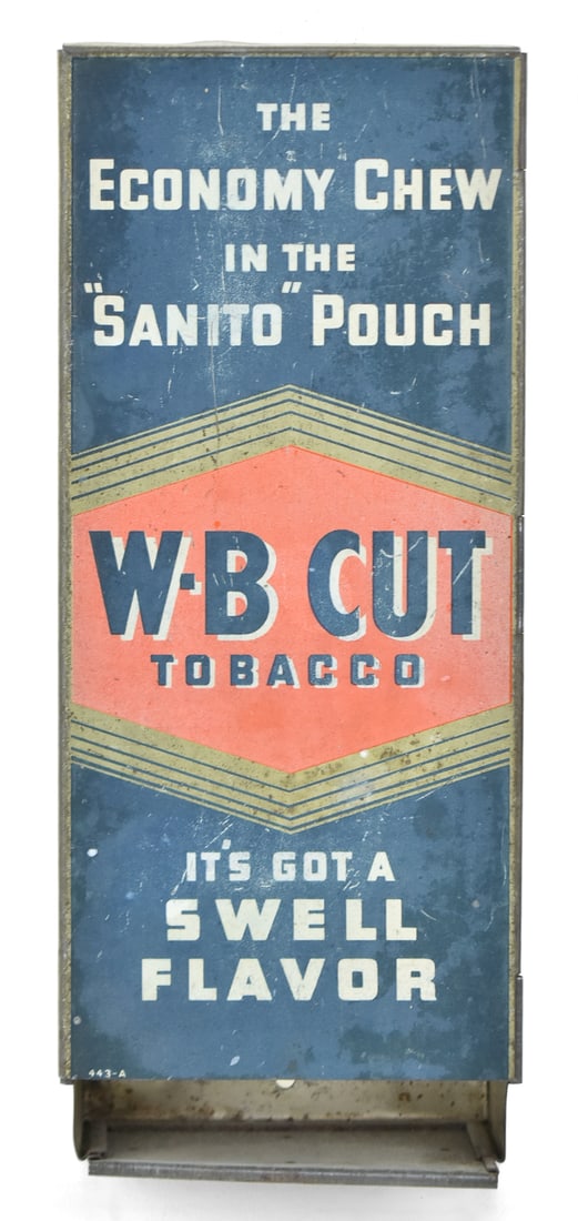 W-B CUT TOBACCO TIN STORE DISPENSER, CIRCA 1940s: A circa 1940s W-B Cut Tobacco tin countertop store dispenser, measuring 10.5" H x 4.5" W x 2.5" D.