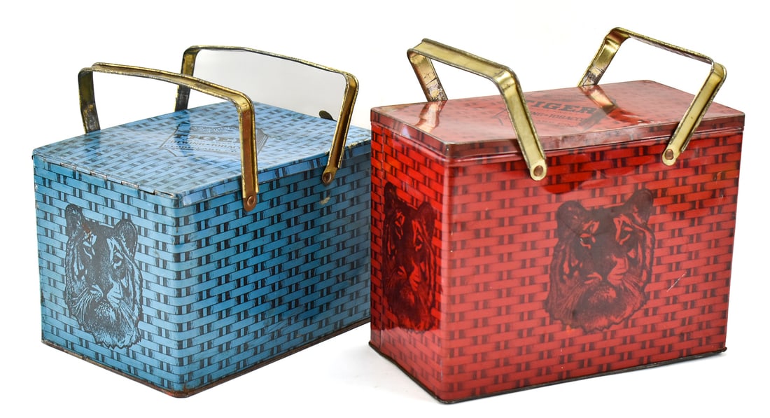 TWO ANTIQUE TIGER CHEWING TOBACCO TIN PAILS: Two circa 1920s P. Lorillard Co. Tiger Chewing tobacco tin pails, the largest measuring 8" H x 11" W x 6" D.