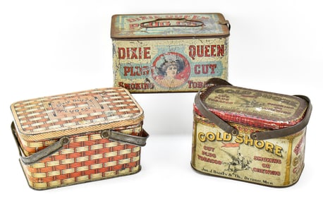 THREE ANTIQUE PLUG CUT TOBACCO TIN PAILS