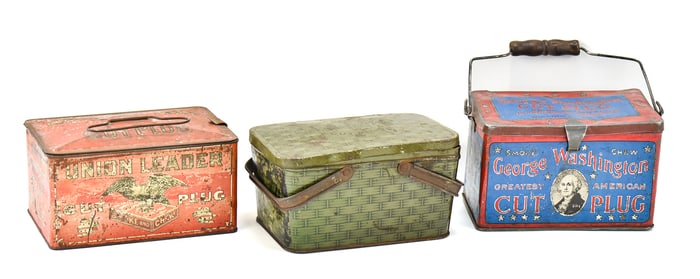 THREE ANTIQUE CUT TOBACCO TIN PAILS