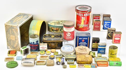 LARGE ASSORTMENT OF VINTAGE TINS: CRAYOLA, RED CROSS, HILLS BROTHERS, & MORE