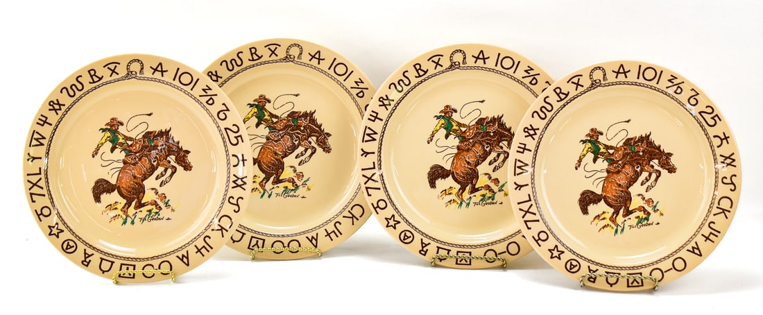 WALLACE CHINA WESTWARD HO 'RODEO' PATTERN DINNER PLATES: Four circa 1950s Wallace China Westward Ho "Rodeo" pattern dinner plates. Each measures 10.75" H x 10.75 W x 1" D.