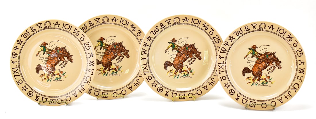 WALLACE CHINA WESTWARD HO 'RODEO' PATTERN DINNER PLATES: Four circa 1950s Wallace China Westward Ho "Rodeo" pattern dinner plates. Each measures 10.75" H x 10.75" W x1" D.