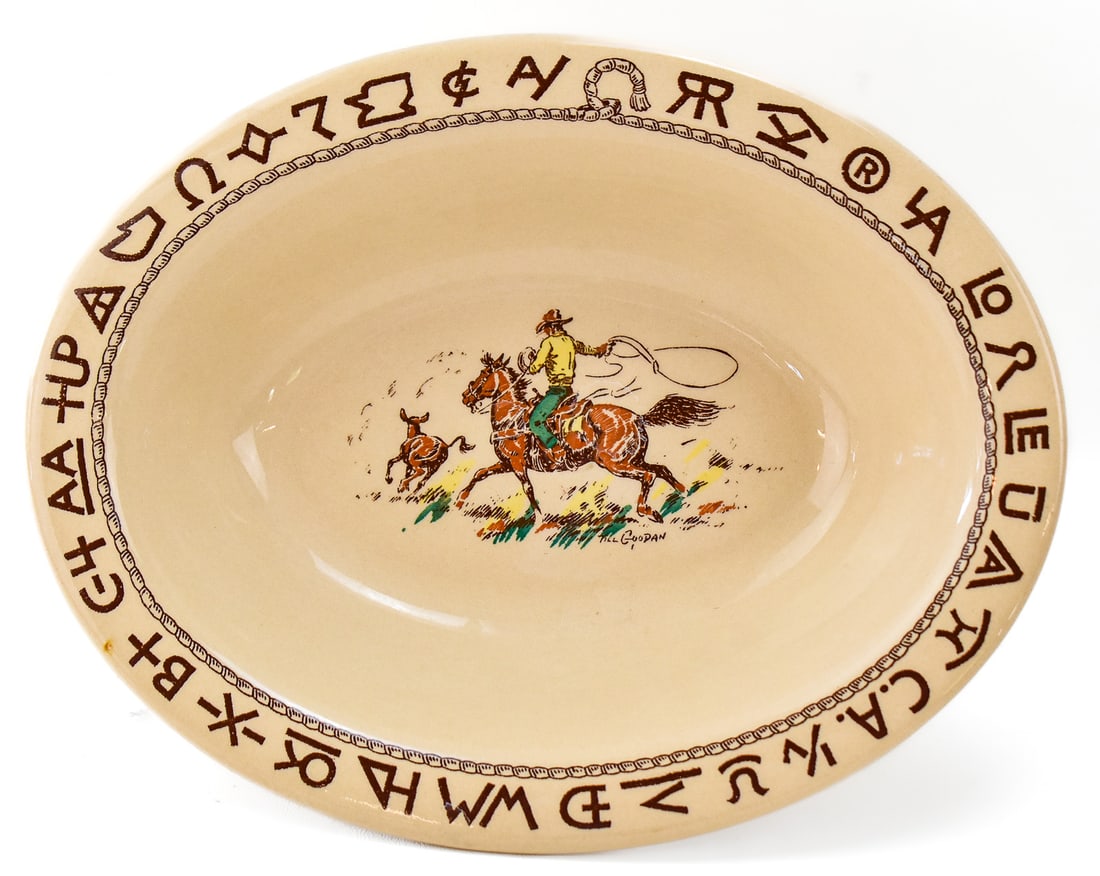 WALLACE CHINA WESTWARD HO 'RODEO' PATTERN OVAL SERVING DISH: A circa 1950s Wallace China Westward Ho "Rodeo" pattern oval serving bowl measuring 2.5" H x 11.75" W x 9.25" D.