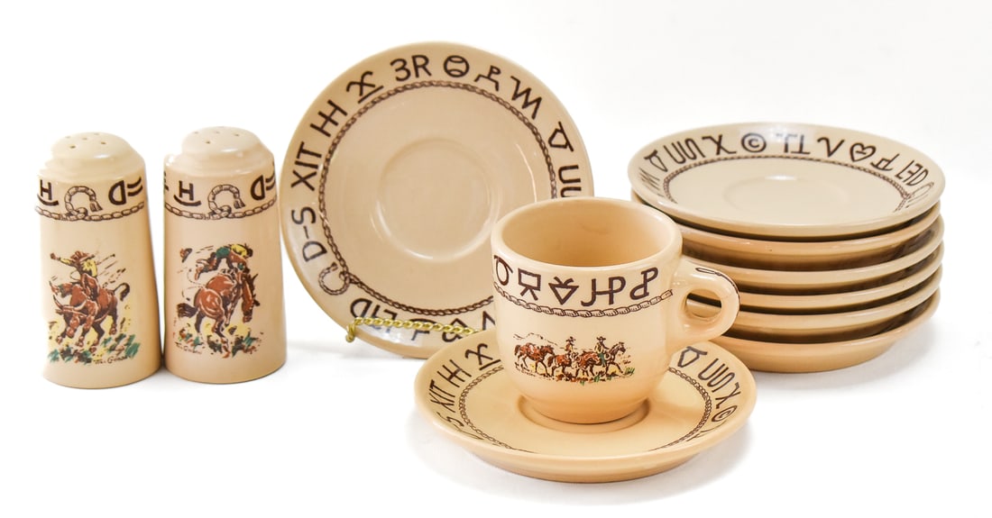 WALLACE CHINA WESTWARD HO 'RODEO' PATTERN CUP SALT & PEPPERS SHAKERS, SAUCERS, & CUP: Circa 1950s Wallace China Westward Ho "Rodeo" pattern salt and pepper shakers, cup, and eight saucers. Each saucer measures 6.75" H x 6.75" W x 1" D.
