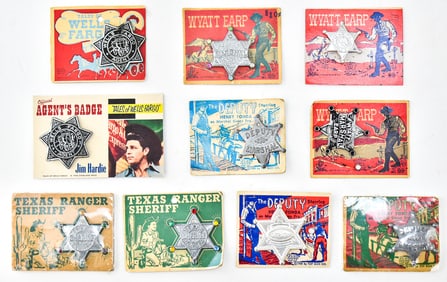 TEN VINTAGE TOY BADGES: TEXAS RANGER, WELLS FARGO AGENT, WYATT EARP