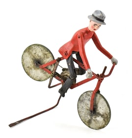 EUROPEAN FOLK ART ARTICULATED MECHANICAL BICYCLE RIDER