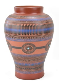 NAVAJO ETCHED POTTERY VASE WITH TURQUOISE STONES