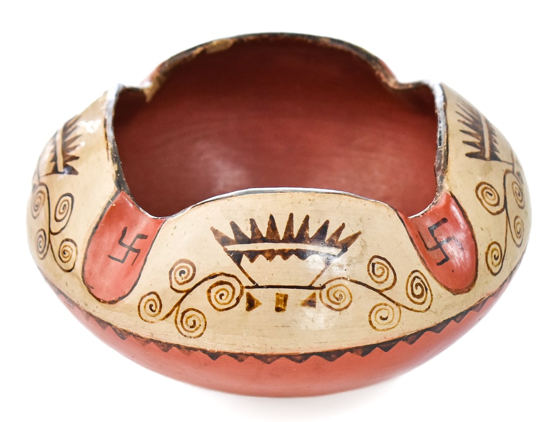 NATIVE AMERICAN MARICOPA WHIRLING LOG POTTERY BOWL: An unsigned circa 1930s Maricopa "whirling log" redware pottery bowl, measuring 4" H x 7" W x 7" D.