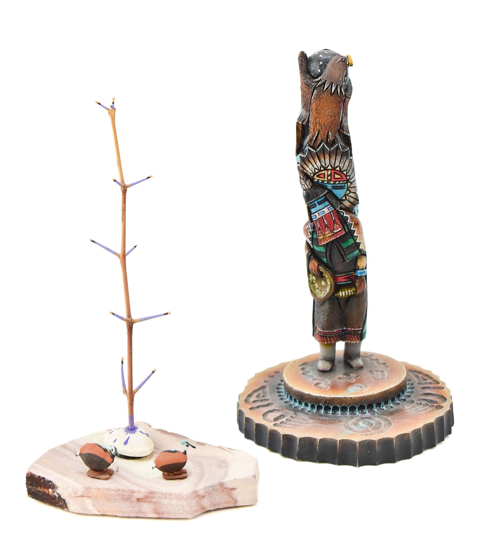 ASSORTED CONTEMPORARY NATIVE AMERICAN DECORATIVE ITEMS: Includes a wooden Hopi pole-style kachina, a tree with birds on sandstone base, a small decorated wedding vase, and an ironwood figural cactus sculpture measuring 13" H x 6" W x 3" D.