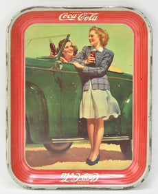 1942 THE AMERICAN ART WORKS INC. COCA COLA TWO GIRLS WITH A ROADSTER TRAY