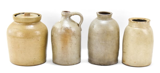ANTIQUE SALT-GLAZED STONEWARE CROCKS & JUG