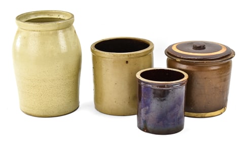 FOUR ANTIQUE SALT-GLAZED STONEWARE CROCKS