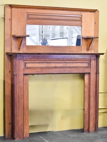 ANTIQUE SALVAGED OAK MIRRORED FIREPLACE MANTEL INSERT
