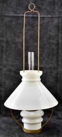 ANTIQUE BRASS & WHITE OPALINE GLASS HANGING OIL LAMP