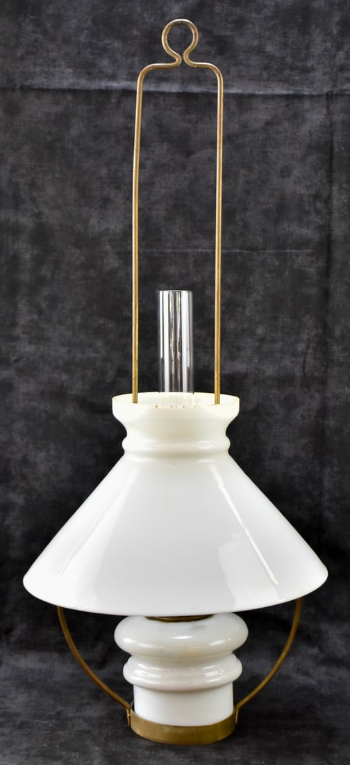 ANTIQUE BRASS & WHITE OPALINE GLASS HANGING OIL LAMP: Antique brass and white opaline glass hanging lamp. Hanging measurements are 25"H x 11.5"W x 11.5"D
